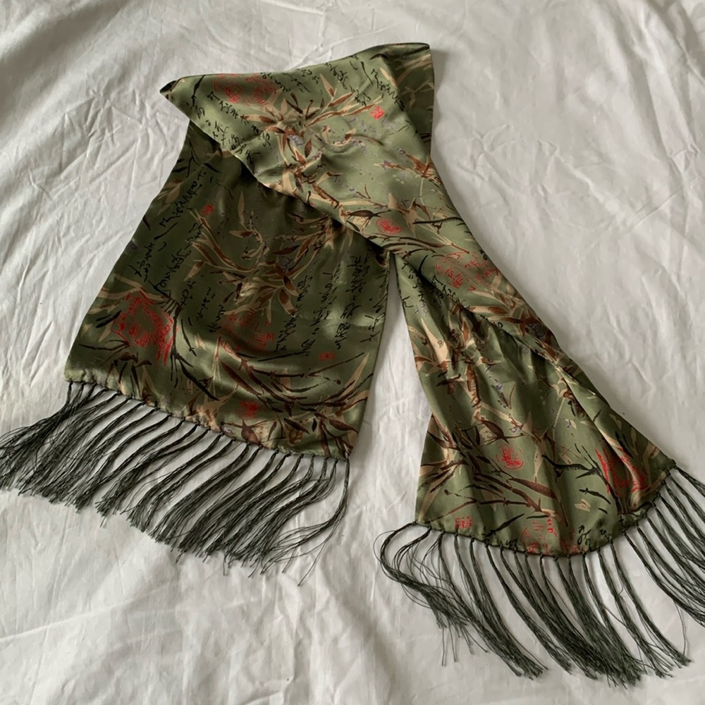 COPY - Beautiful long moss green, brown/beige and red Asian patterned silk scarf